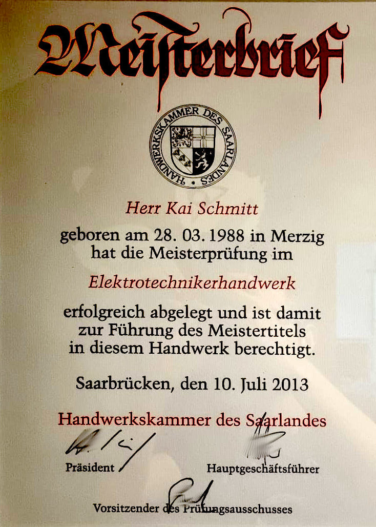 Meisterbrief von Kai Schmitt im Elektrotechnikerhandwerk