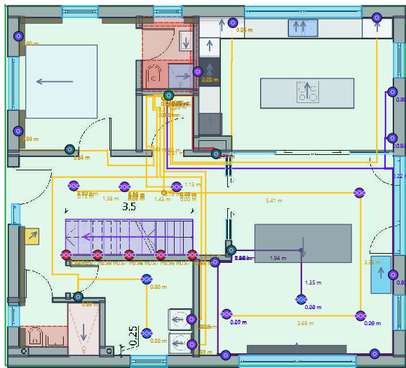 Grundrissplan von oben mit Elektropositionen, Leitungswegen und Maßangaben